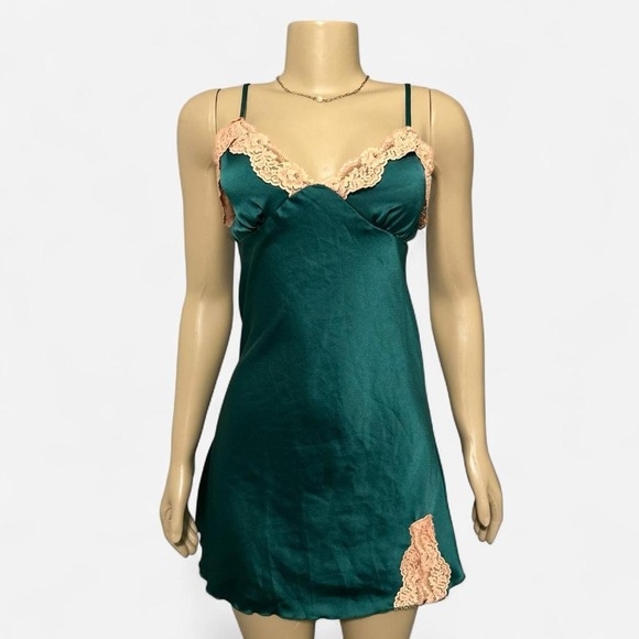 Satin Turquoise Chemise with Lace Accents - Picture 2 of 5